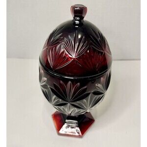 VTG Ruby Glass Egg Pedestal Candy Dish 8.75",  Luminarc, France